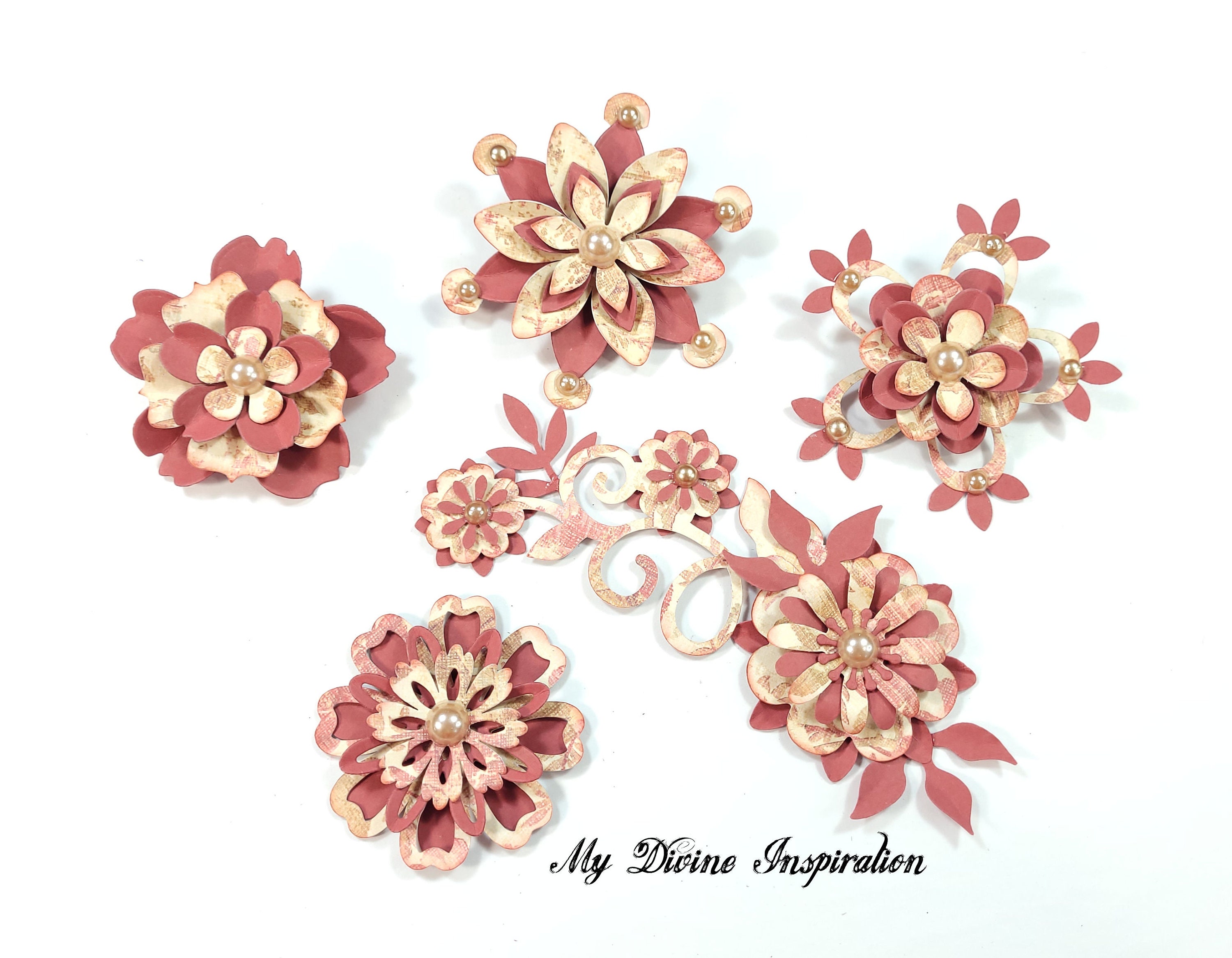 Beige & Ivory Paper Embellishments and Flowers for Scrapbooks Journals Cards A-3712 Elegant Burgundy Planners Crafts Mini Albums