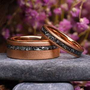 Sandblasted Meteorite Rose Gold Wedding Ring Set- His & Hers Custom Promise Band, Matching Anniversary Rings, Unique Jewelry, Meteorite Ring