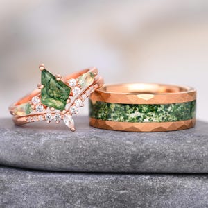 Rose Gold Green Moss Agate Ring Set- Wedding Rings, 925 Sterling Silver with 14k Rose Gold Finish, Nature Promise Ring, Anniversary Gift