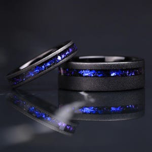 Unique Sandblasted Orion Nebula Wedding Ring Set– Flat Black Ring, Custom Engraving, Outer Space Ring Set, Promise or Anniversary Ring Set