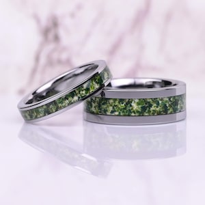 Green Moss Agate Ring Set, His and Hers Wedding Band, Silver Ring Set, Matching Nature Couples Ring, Silver Plated Tungsten, Couple Ring Set