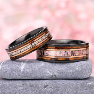 Deer Antler & Whiskey Barrel Wood Wedding Ring Set with Rose Gold Strips, Black Ring, Promise Rings, Personalized Rings, Unique Hunter Ring