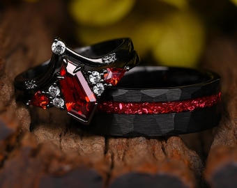 Sterling Silver Black Coffin-Cut Red Garnet Ring Set & Personalized Black Tungsten Band