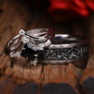 Schwarzer Diamant Ring & Silber Meteorit Wolfram Band Ring Set - Sternenklare Nacht Ehering, Passender Versprechen Ring, Jubiläumsgeschenk