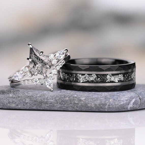Black Engraved Tungsten Meteorite Band & Sterling Silver Salt and Pepper Ring Set
