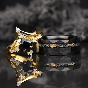 Meteorite Gold Leaf & Black Onyx Wedding Rings- His and Hers Wedding Band, Couples Matching Rings,  Vintage Promise Rings, Anniversary Rings