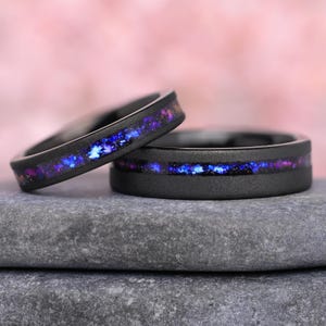 Sandblasted Orion Nebula Wedding Ring Set– Black Wedding Bands, Custom Engraving, Space Ring Set, Engagement Ring, Unique Anniversary Rings