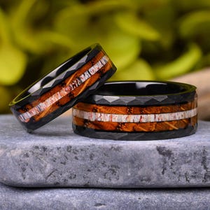 Deer Antler & Charred Whiskey Barrel Wood Wedding Ring Set, Black Hammered Tungsten Ring, Mens and Women Engagement Rings, Engraved Gift
