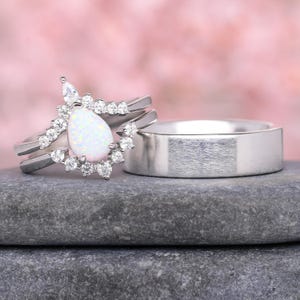 White Fire Opal Couples Ring Set- His & Hers Matching Wedding Bands- 925 Sterling Silver- Unique Opal Engagement Ring Set, Anniversary Gift