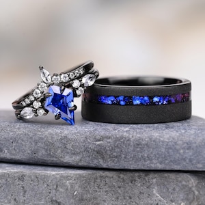 Sapphire & Galaxy Ring Set – 925 Silver Sapphire Ring and Black Tungsten with Blue Galaxy Inlay, Unique Wedding Rings, Anniversary, Proposal