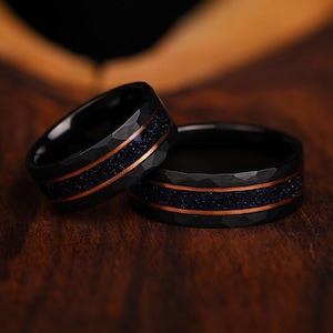 His & Hers Rift Nebula Wedding Ring Set, Space Couples Ring, Blue Sandstone with Rose Gold, Black Ring, Personalized Ring, Anniversary Gift
