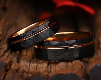 Black Hammered Wedding Couple&#39;s Ring Set, Rose Gold Strip,  His and Hers 8mm & 6mm, Comfort Fit Wedding Band, Anniversary Gift, Promise Ring