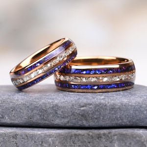 Orion Nebula & Crushed Diamond Couple Wedding Ring Set – Galaxy Crushed Fire Opal, Outer Space, Promise Ring, His and Hers Matching Ring Set