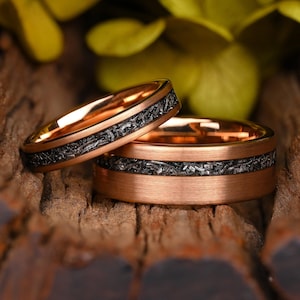Engraved Meteorite Rose Gold Tungsten Wedding Ring Set, Unique Wedding Bands, Couple&#39;s Promise Rings, Womens and Mens Ring, Anniversary Gift