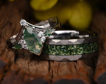 Coffin Kite Green Moss Agate Ring Couples Ring Set- His and Hers Wedding Band- 925 Sterling Silver & Tungsten Matching Nature Promise Ring