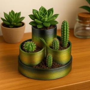 Może przedstawiać: Dekoracyjna, wielopoziomowa donica z gradientowym zielono-złotym wykończeniem, zawierająca różne sukulenty i kaktusy. Aranżacja obejmuje dużą, liściastą roślinę sukulentową i kilka małych kaktusów, tworząc unikalną ekspozycję.