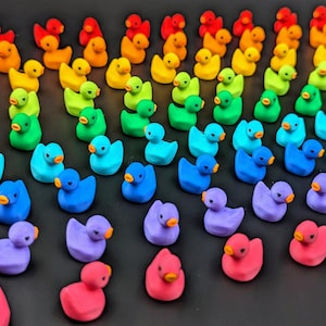 May include: A large collection of small, solid-colored rubber ducks arranged in a gradient pattern. The ducks feature a variety of vibrant colors including red, orange, yellow, green, blue, purple, and pink, each with a distinct beak and eyes.