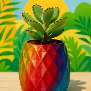 Puede incluir: Una pequeña planta suculenta en una maceta geométrica de colores arcoíris. La maceta hace una transición del rojo al azul, con un patrón de diamantes. La planta tiene hojas verdes con puntas rojas, sobre un fondo de sol amarillo y follaje verde.