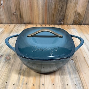 Vintage Blue Cast Iron Dutch Oven with Lid – Rustic Kitchen Cookware – Chrissy Teigen – Baking, Braising, and Slow Cooking