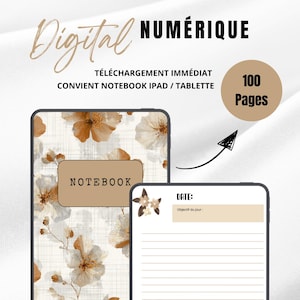 Peut inclure: Carnet numérique avec un motif floral. La couverture présente un fond beige avec des fleurs marron et blanches. Le carnet comprend une page de planification quotidienne avec une liste de tâches et un espace pour les notes. Le texte sur la couverture dit "NOTEBOOK".