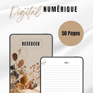以下が含まれることがあります： ベージュの表紙に花のイラストと「NOTEBOOK」の文字が入ったデジタルノート。 ノートは50ページで、上部に「DATE:」という単語が付いた罫線入りの内側のページがあります。 「NUMÉRIQUE」という単語はノートの上にあります。