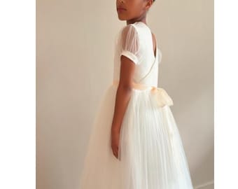 Ivory off white older girls flower girl dress with puff sleeves handmade in the UK