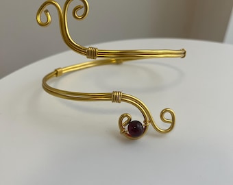 Boho Red Glass Bead Arm Cuff Bracelet- Handmade Wire Jewellery- Adjustable Upper Arm Band