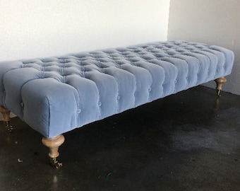 Tufted Ottoman W/ Turned Wood Feet on Casters - COM