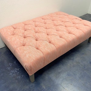 Tufted Ottoman W/ Turned Wood Feet on Casters COM image 2