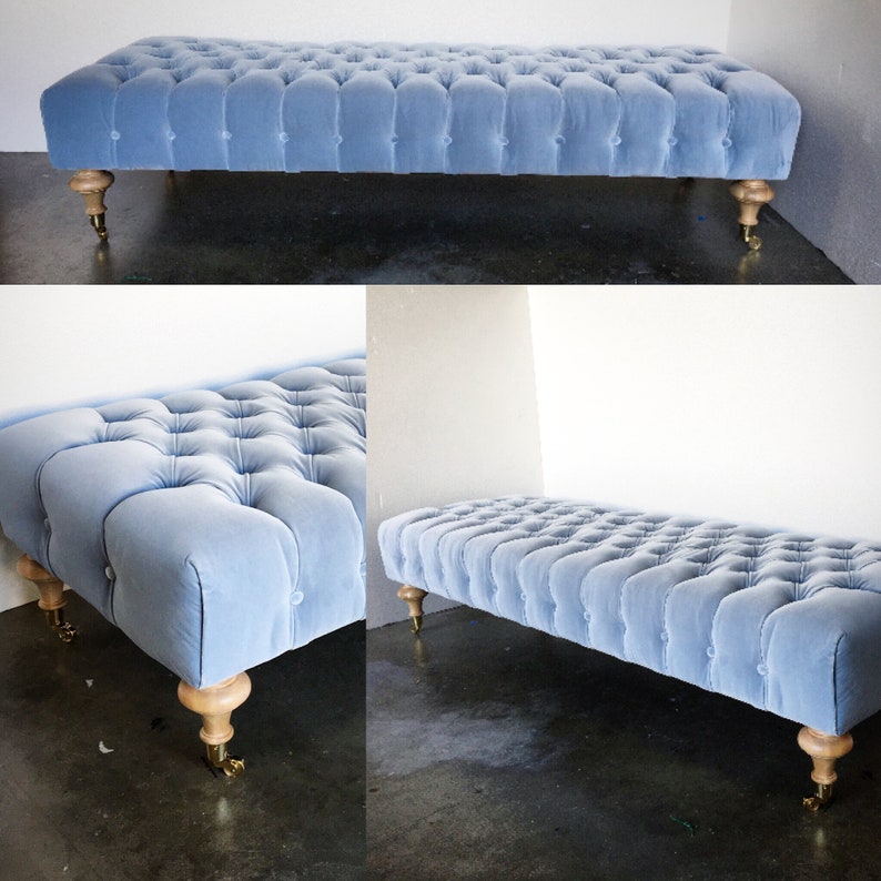 Tufted Ottoman W/ Turned Wood Feet on Casters COM image 3