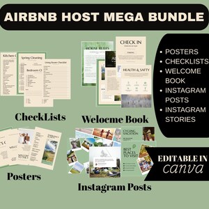 Airbnb Host Bundle Green Mountain, Editable Airbnb Signs, Welcome Book Template, Airbnb Cleaning Checklist, Inventory Checklist, PLR and MRR