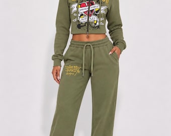Ensemble Ed Hardy kaki Y2K – Veste courte zippée et pantalon large, motif Broken Hearts