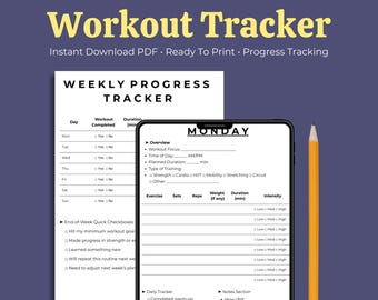 May include: A workout tracker design with the text "Workout Tracker" in yellow. The image shows a weekly progress tracker, a phone displaying a workout log, and a yellow pencil. The tracker includes sections for workout focus, duration, and intensity.