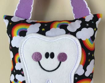 Tooth Fairy Pillow - Rainbows and Clouds Pillow with Purple Ribbon - Kids Pillow - Kids Gift