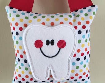 Tooth Fairy Pillow- Rainbow Polka Dot with Red Ribbon - Kids Pillow - Kids Gift