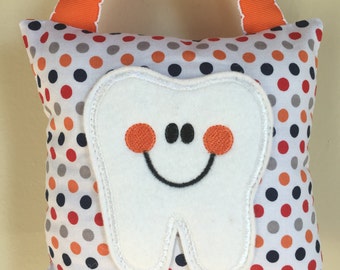 Tooth Fairy Pillow- Orange, Grey, Navy and Red Polka Dot Pillow with Orange Ribbon - Kids Pillow - Kids Gift