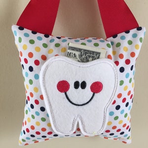 Tooth Fairy Pillow Rainbow Polka Dot with Red Ribbon Kids Pillow Kids Gift image 2
