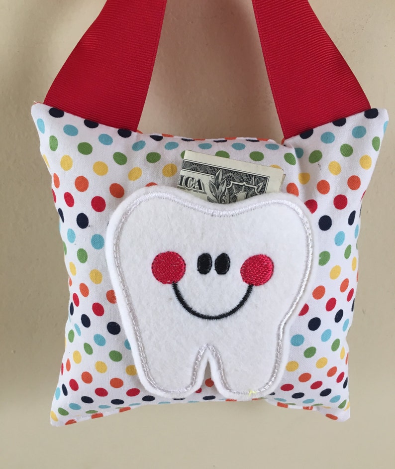 Tooth Fairy Pillow Rainbow Polka Dot with Red Ribbon Kids Pillow Kids Gift image 2