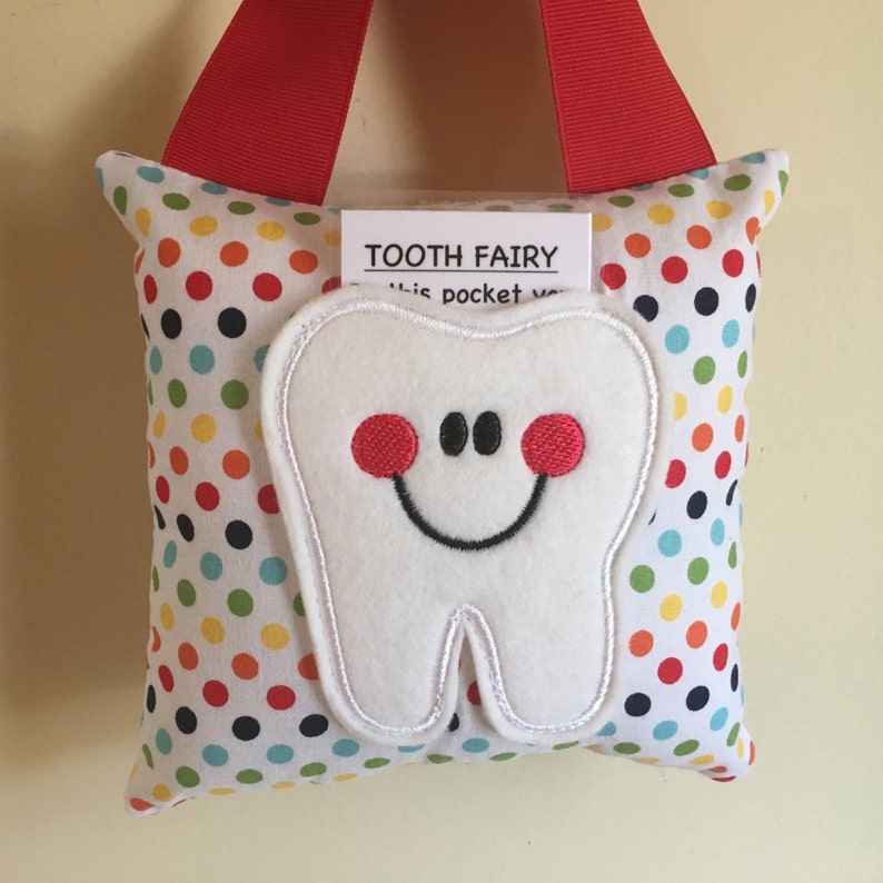 Tooth Fairy Pillow Rainbow Polka Dot with Red Ribbon Kids Pillow Kids Gift image 3