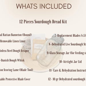 May include: A sourdough bread-making kit with 12 pieces, including a rattan banneton, linen liner, dough scraper, whisk, lame, blades, starter, jar, lid, and instructions. The text "WHATS INCLUDED" and "12 Pieces Sourdough Bread Kit" are visible.