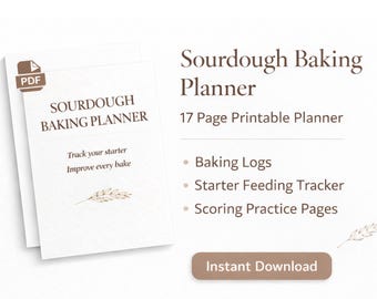 Könnte beinhalten: Ein digitaler Sourdough Baking Planner mit einem PDF-Symbol. Das Cover lautet "Sourdough Baking Planner" mit dem Text "Track your starter, Improve every bake." Der Planer enthält Backprotokolle, einen Starter-Fütterungs-Tracker und Scoring-Übungsseiten.