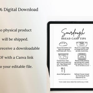 K&ouml;nnte beinhalten: Ein digitaler Download auf einem Tablet, der eine wei&szlig;e Karte mit schwarzem Text und Illustrationen zeigt. Die Karte bietet Tipps zur Pflege von Sauerteigbrot, einschlie&szlig;lich Anweisungen zur Lagerung und zum Aufw&auml;rmen. Der Text lautet "Sourdough Bread Care Tips."