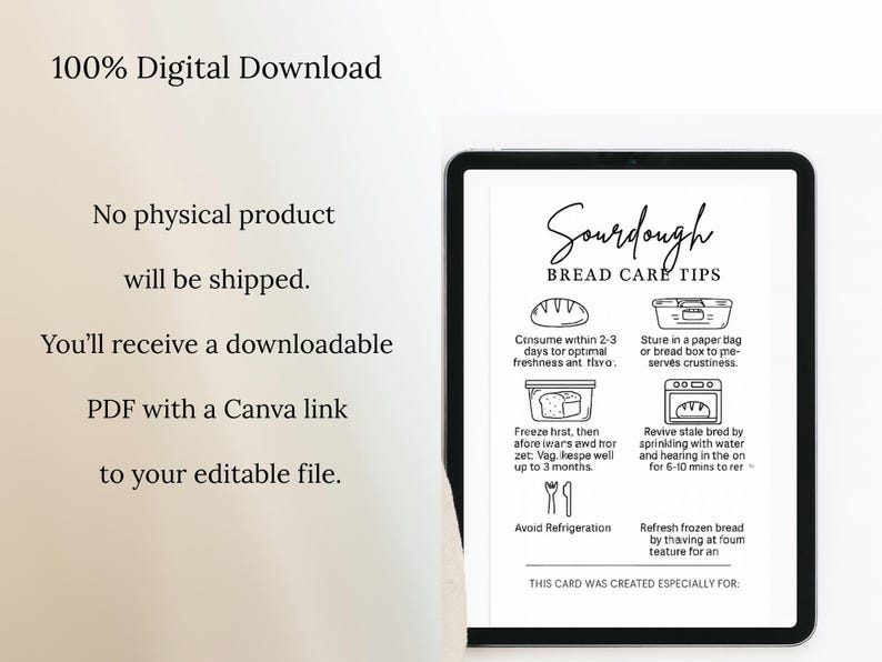K&ouml;nnte beinhalten: Ein digitaler Download auf einem Tablet, der eine wei&szlig;e Karte mit schwarzem Text und Illustrationen zeigt. Die Karte bietet Tipps zur Pflege von Sauerteigbrot, einschlie&szlig;lich Anweisungen zur Lagerung und zum Aufw&auml;rmen. Der Text lautet "Sourdough Bread Care Tips."