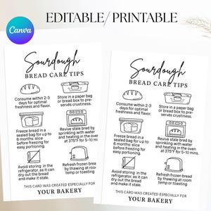 May include: Two printable sourdough bread care tip cards with black text and illustrations on a white background. The cards include instructions on storing, freezing, and reviving bread. The Canva logo is in the upper left corner. The text "YOUR BAKERY" is at the bottom.