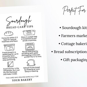 K&ouml;nnte beinhalten: Eine wei&szlig;e Karte mit schwarzem Text liefert Tipps zur Pflege von Sauerteigbrot, einschlie&szlig;lich Anweisungen zur Lagerung und zum Aufw&auml;rmen. Die Karte listet auch Verwendungszwecke f&uuml;r Sauerteig-Kits, Bauernm&auml;rkte, B&auml;ckereien und Brot-Abonnement-Boxen auf.