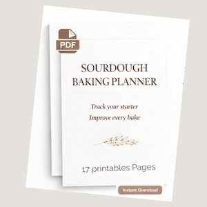 Puede incluir: Un conjunto de páginas imprimibles para un planificador de horneado de masa madre. La portada presenta el texto "SOURDOUGH BAKING PLANNER", "Track your starter, Improve every bake" y "17 printables Pages". Un icono PDF está en la esquina superior izquierda. Las palabras "Instant Download" están en la parte inferior.