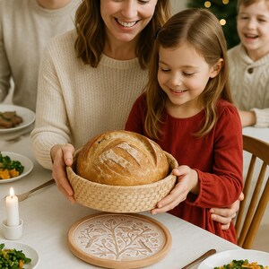 Op de afbeelding: Een rond brood in een geweven mand wordt vastgehouden door een vrouw en een jong meisje. Een decoratieve houten plaat met een boom- en vogelontwerp staat op tafel. Een brandende kaars en borden met eten zijn ook zichtbaar.
