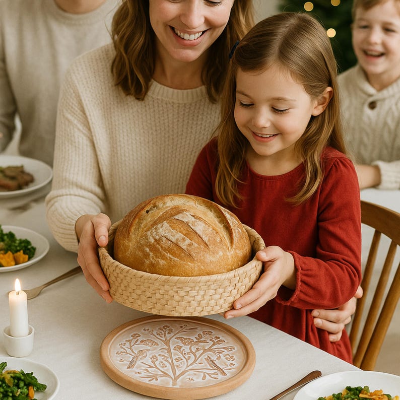 Op de afbeelding: Een rond brood in een geweven mand wordt vastgehouden door een vrouw en een jong meisje. Een decoratieve houten plaat met een boom- en vogelontwerp staat op tafel. Een brandende kaars en borden met eten zijn ook zichtbaar.