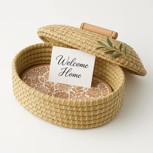 May include: An oval woven basket with a lid, featuring a floral patterned interior and a wooden handle. A card inside reads "Welcome Home". The basket is a natural beige color, with a sprig of greenery on the lid.