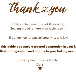 K&ouml;nnte beinhalten: Wei&szlig;e Karte mit braunem Text. Der Text in Schreibschrift lautet "thank you". Der Text darunter lautet "Vielen Dank, dass Sie Teil dieser Reise sind." und weiterer Text &uuml;ber das Backen. Unten befindet sich ein Herzsymbol.